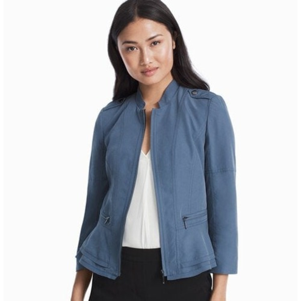 White house black market blue zip moto biker peplum jacket work office 2 party